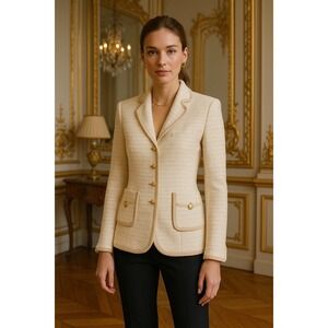 ST JOHN COLLECTION Tweed Satin Trim Button Up Pockets Jacket Blazer Size 6